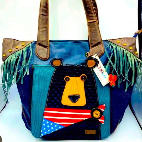 Chala Navy Blue Patriotic Brown Bear Tote Bag - Picture 1 of 11